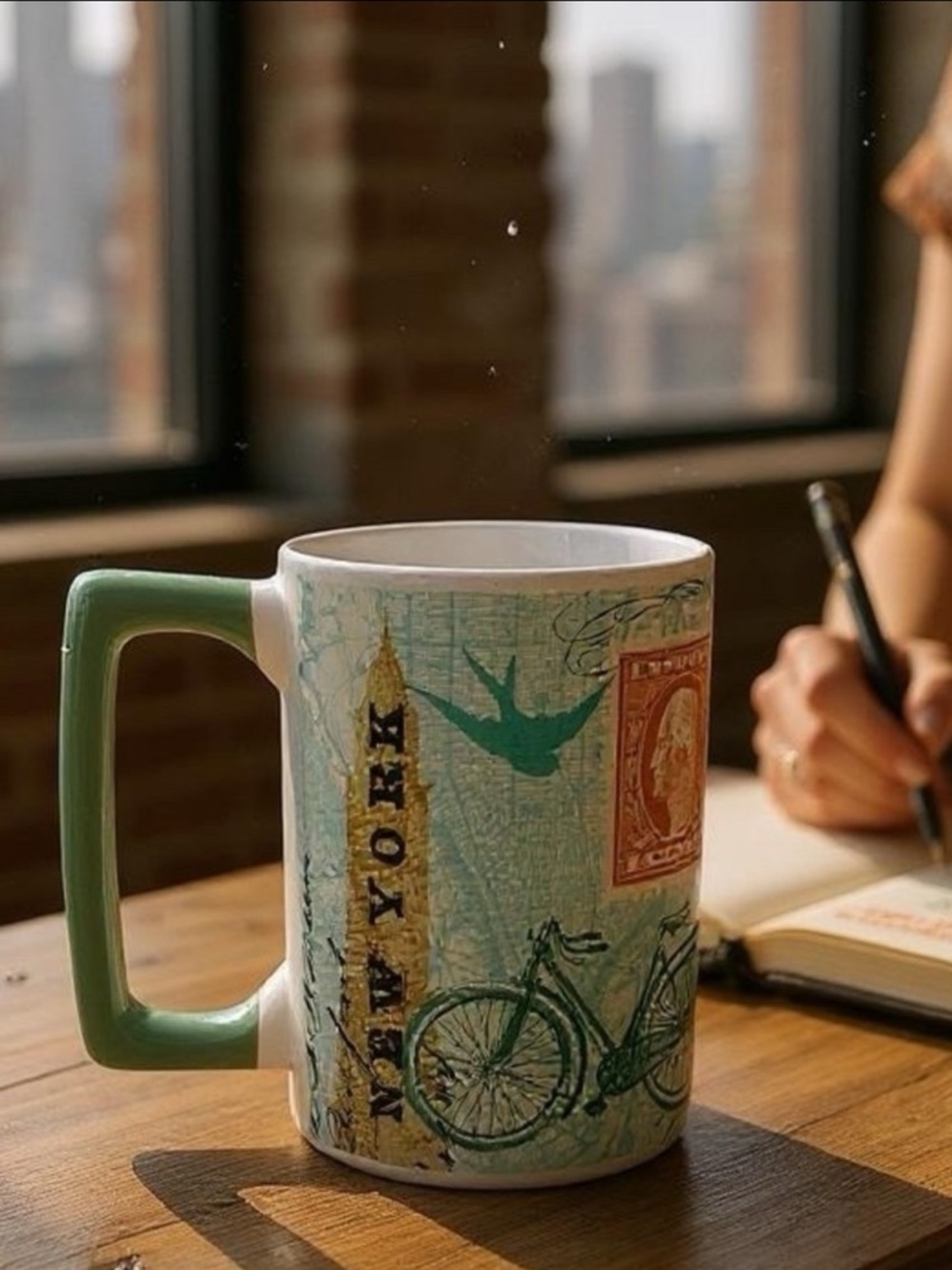 SUE SCHLABACH New York coffee Mug with Mint Green Handle
